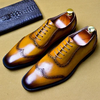 

Vintage Style Genuine Leather Formal Dress Wingtip Brogues Shoes Square Toe Retro Handcrafted Men's Wedding Party Oxfords AS202