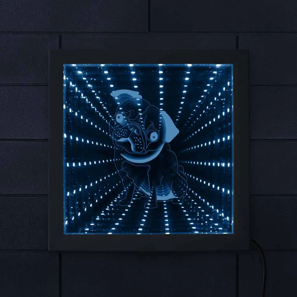 

Pug Dog LED Infinity Mirror Wood Frame Puppy Dog Breed Vortex Tunnel Interstellar Mirror Stunning Optical Tunnel Light Home Deco