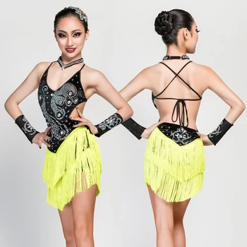 

Hot Sale Kids Dresses For Girls Neon Yellow Fringe Dress Stage Dance Wear Tango Dress Ballroom Competitive Latin Dress BL1642