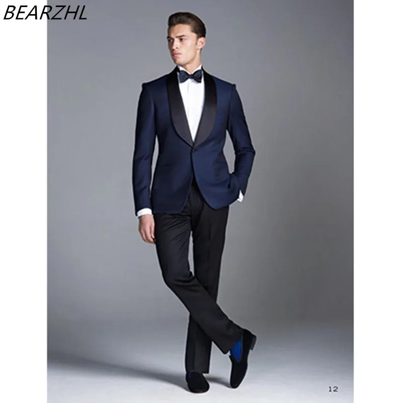 

man suit slim fit tuxedos groom wear navy blue custom made suits high quality wear 2019