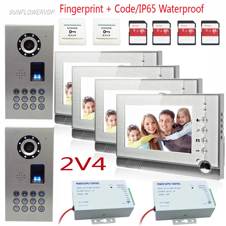 

Fingerprint 8GB SD Card Recording Video Intercom For Private House Videophone Intercom System Video Door Entry System Unit 7inch