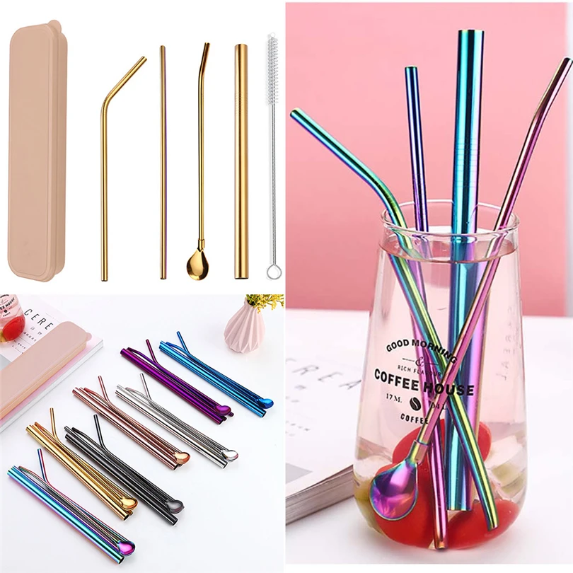 

Reusable Stainless Steel Straws Eco Friendly Metal Drinking Straws Long rose gold Bent Straight Straw Set Bar Cocktail Bar tools