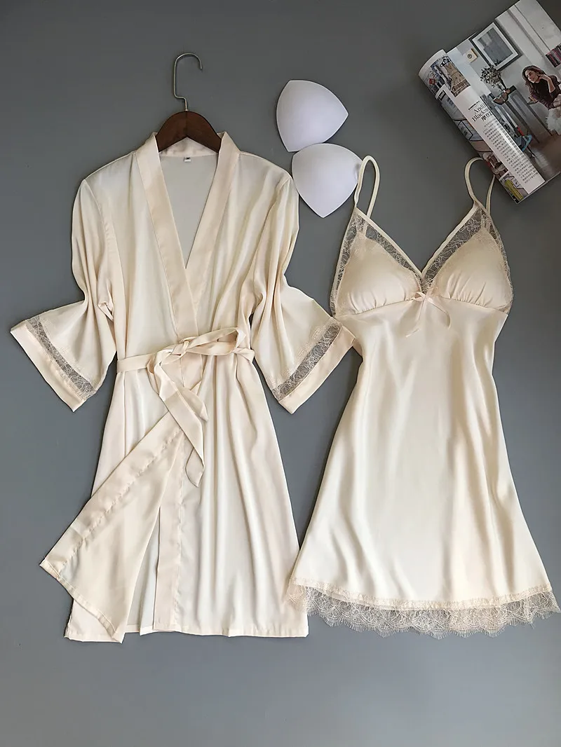 Сексуальное Белое однотонное сатиновое платье, наборы, женские пижамы, ледяной шелк, халаты, 2 предмета, для сна, для дома, на тонких бретелях, Дамская пижама