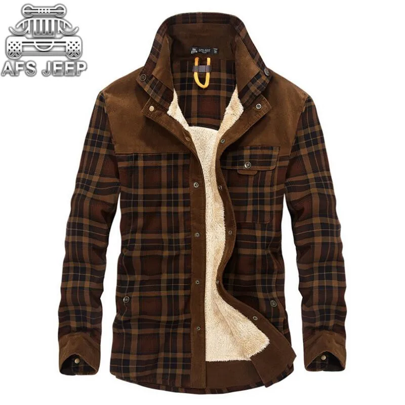 Winter Snow Warm Men Shirts Thick lined Plaid Plus Size 4XL Brand AFS ZDJP 100% Cotton 2018 New Windbreaker Casual Male Blouses
