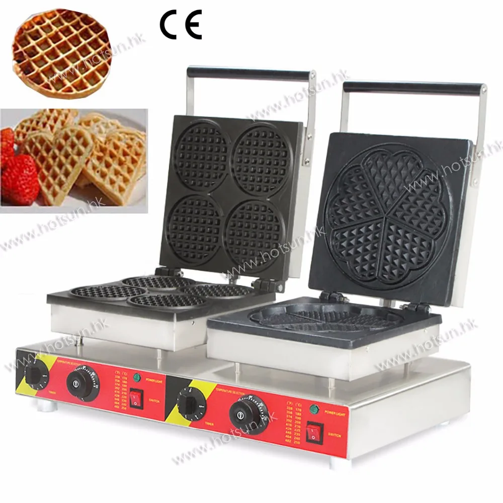 Free Shipping Commercial Double Electric Heart and Round Waffle Maker Machine Iron Baker