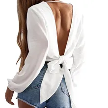Deep V Sexy Blouse Women Long Sleeve Slim Short Crop Top Women Cross Bandage Back Knot Tops all over printed knot crop blouse