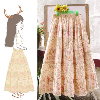 

2019 Summer Women Vintage Pink Floral Print Midi Skirt A-Line Sweet Girl Cotton Lace Patchwork Bohemian Skirt