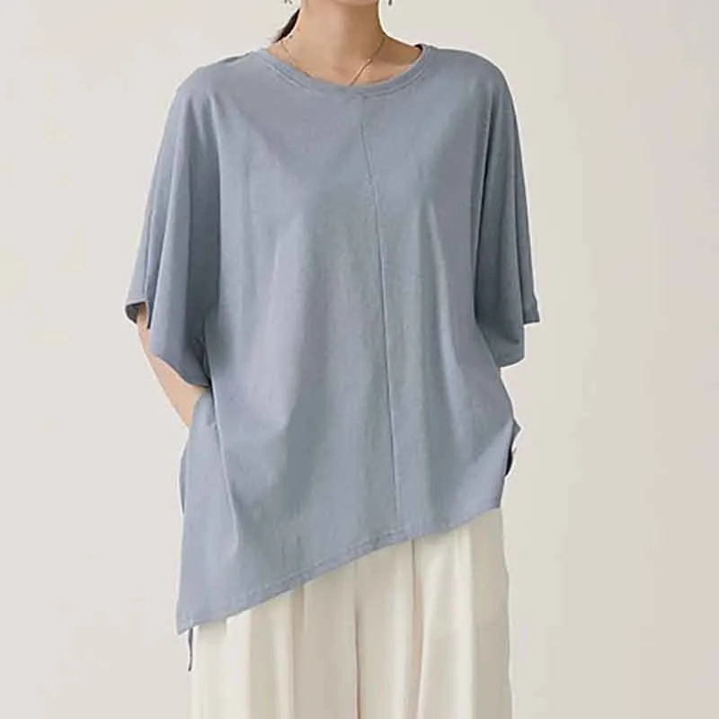 

[YaLee] New Fashion 2019 Summer Simple Round Neck Short Sleeve Side Split Irregular Large Size T-shirt Women A408