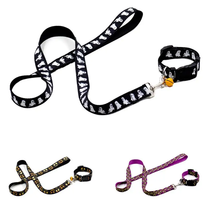 

1 Set Halloween Dog Collar & Leashes With Bells Nylon Dogs Collar Lead Leash Puppy Walk Out Hand Strap Lead For Dog