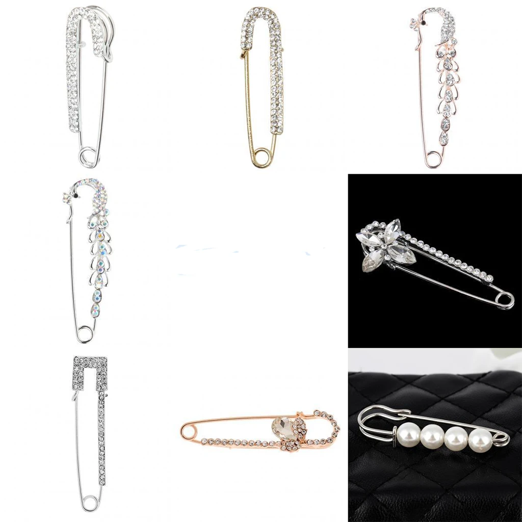 2pcs Crystal Pearl Large Safety Pins Brooch For Women Men Fashion Jewelry Buckle Pin Metal Brooch Badge Sewing Craft Accessories