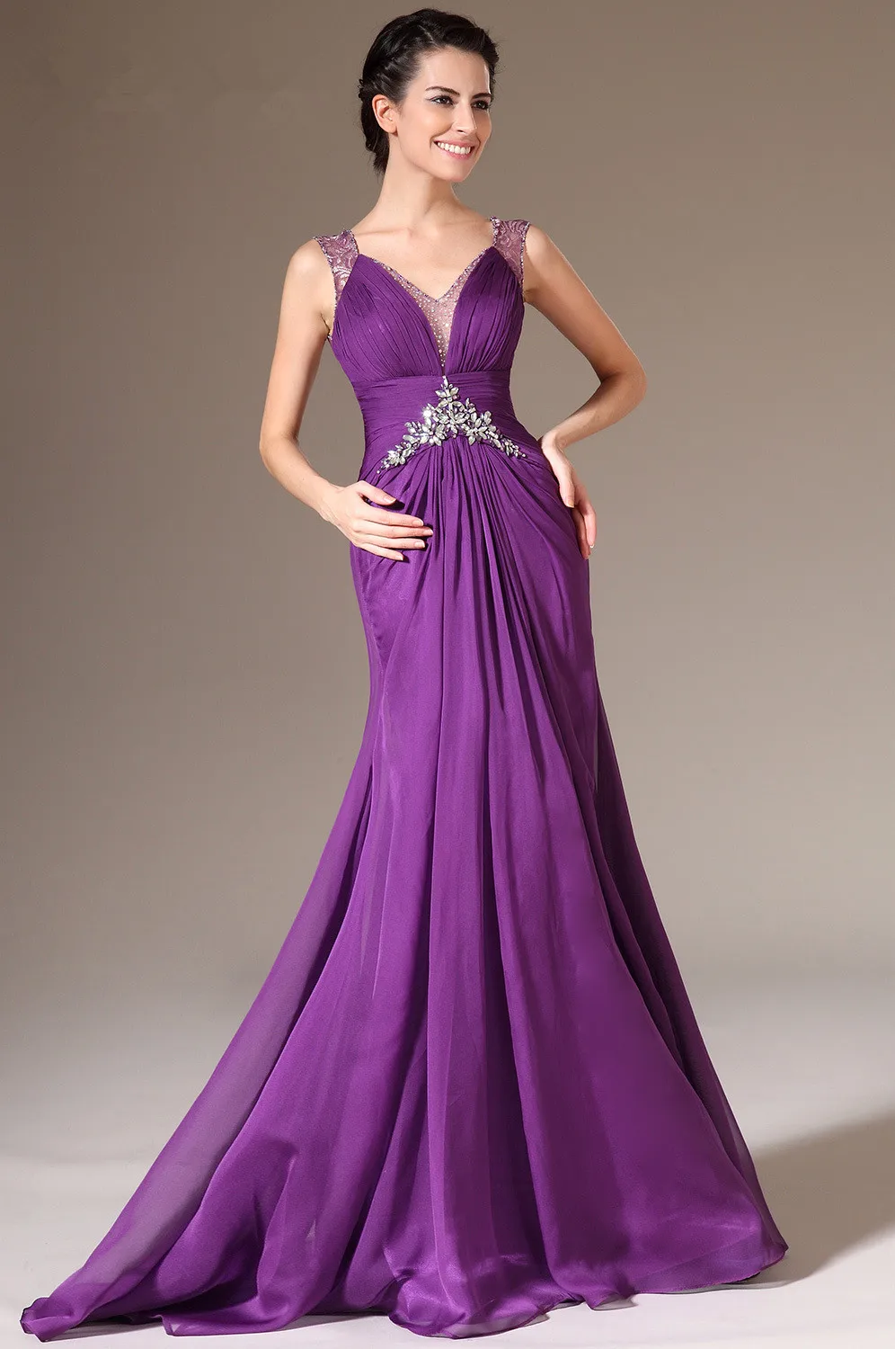 Freeshipping-V-Neck-A-Line-Purple-Lace-Chiffon-Lace-Evening-Dresses (2)
