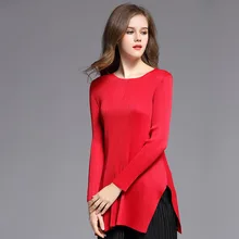 Элегантный Универсальный плиссированный длинный рукав сплошной Топ женский o-образный вырез рыбий хвост Базовая футболка I9N