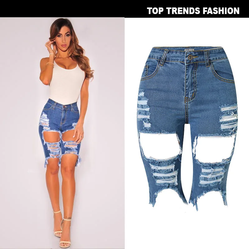 

Women High waisted blue denim irregular hem broken holes fashion Distressed Jeans oem