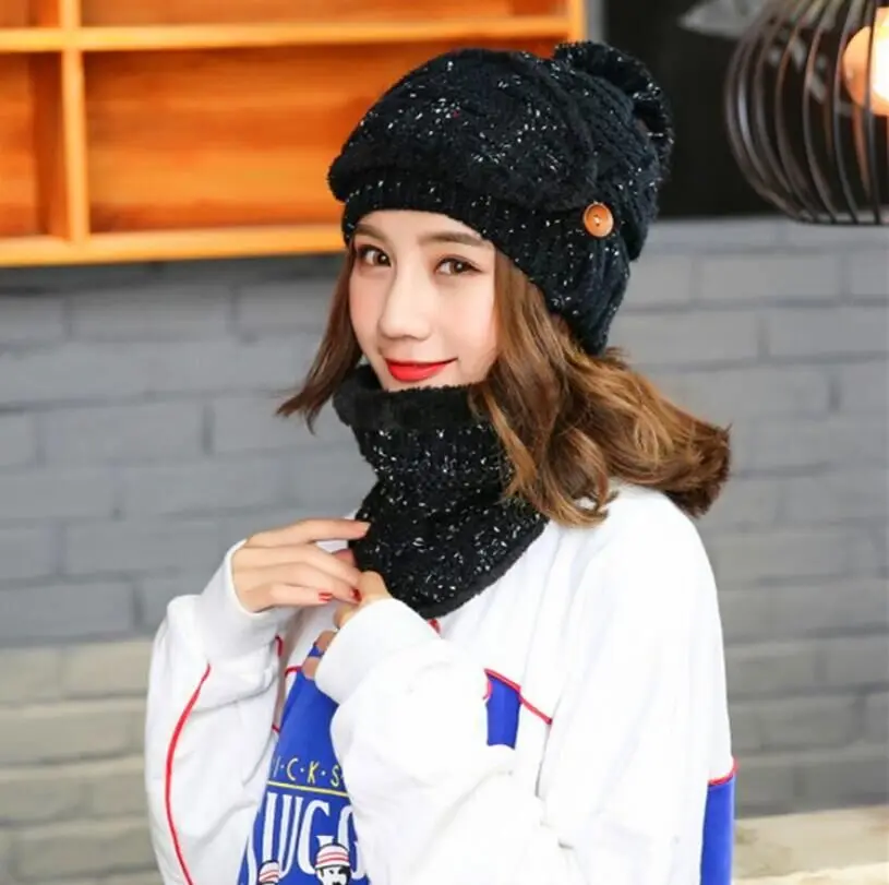 HANGYUNXUANHAO зимняя вязаная женская шапка шарф наборы масок дамские шапочки шапки с помпонами девочка уличная теплая маска женские кольца шарфы