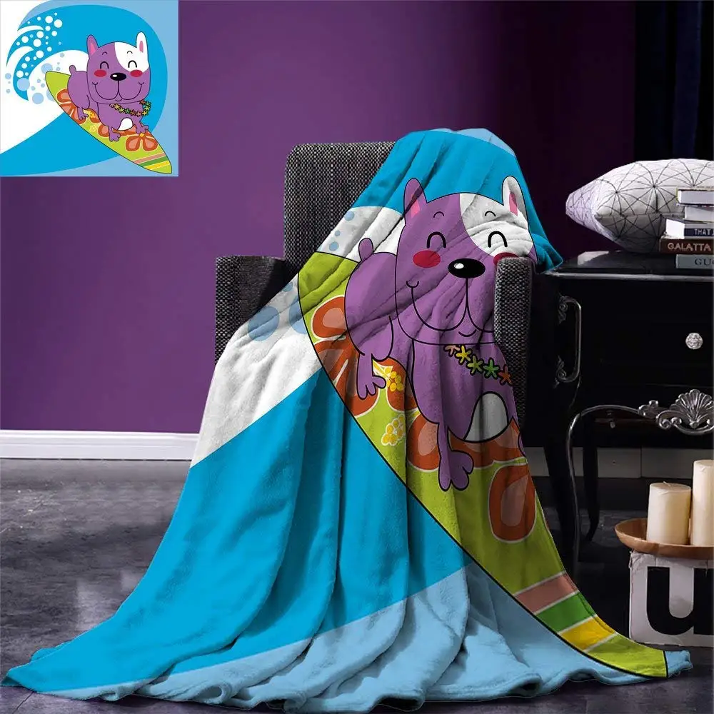 

Ride The Wave Throw Blanket Cute French Bulldog Surfing and Smiling Happy Adventure Exotic Dog Cartoon Fleece Blankets for Beds