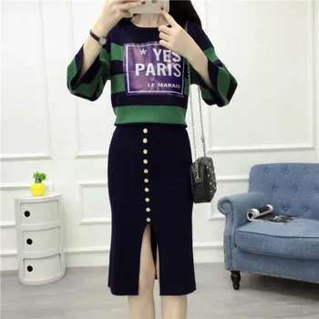 

2019 New Autumn Striped Knitted Stretch Crop Tops + Skirt Suit 4XL Pullovers Sweater Short Skirt Set Women Two Piece Set dress