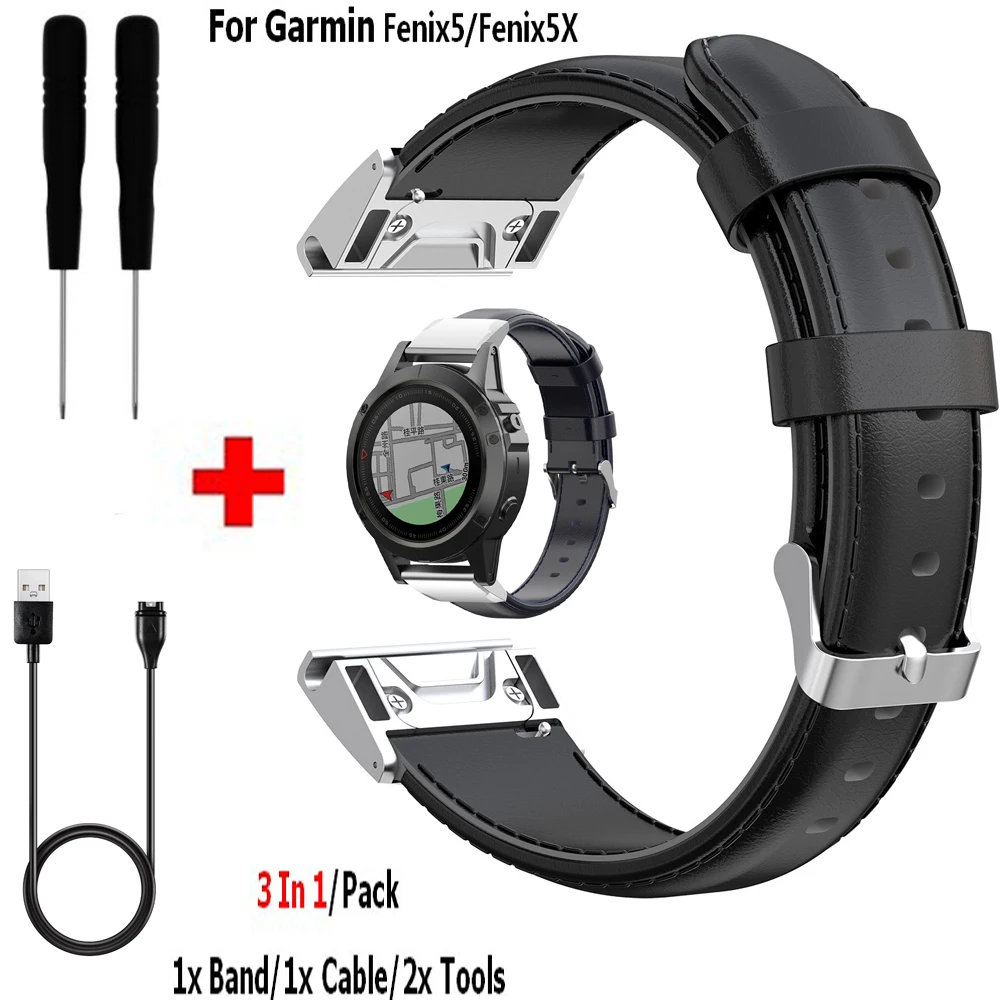 

3 In1 Leather Replacement Band For Garmin Fenix 5X/Fenix 5 Cable USB Charger, Strap Wristband for Garmin Fenix 5X GPS Watch Belt