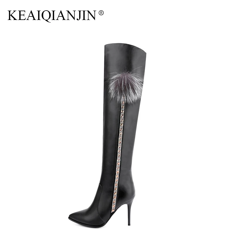 

KEAIQIANJIN Autumn Winter Thigh Knee High Boots Woman Genuine Leather Over The Knee Boots Fashion Black Rivet High Heeled Boots