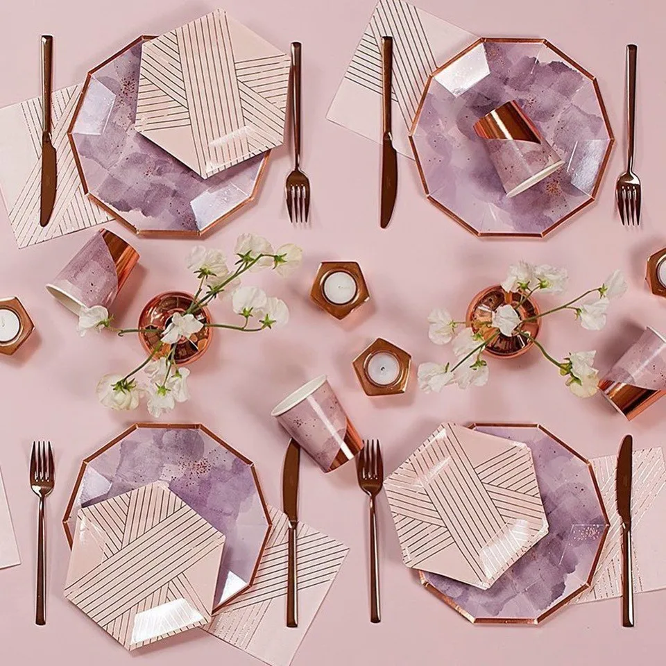 

1Set Pink Paper Disposable Tableware Gilding Striped Table Decor DIY Paper Plates Tableware for Wedding Birthday Party Supplies