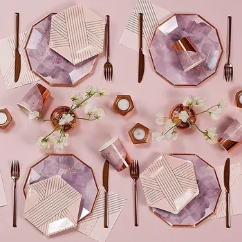 

1Set Pink Paper Disposable Tableware Gilding Striped Table Decor DIY Paper Plates Tableware for Wedding Birthday Party Supplies