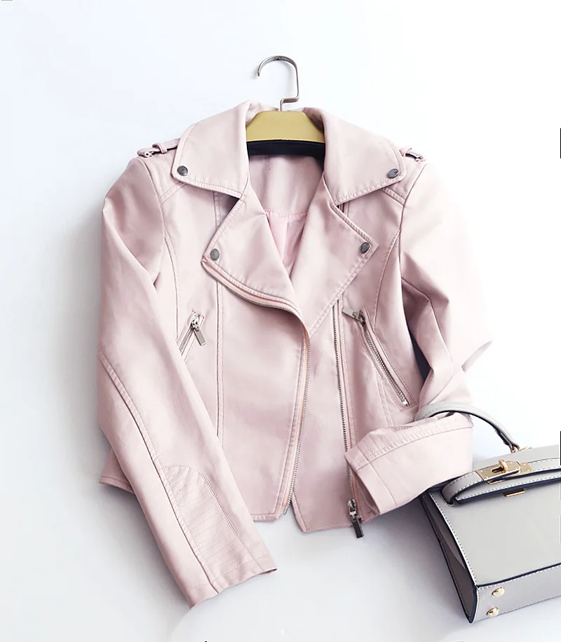 Brand Motorcycle PU Leather Jacket Women Autumn Spring New Fashion Slim Coat Zipper Outerwear Pink Jackets 2019 Short Coats HOT