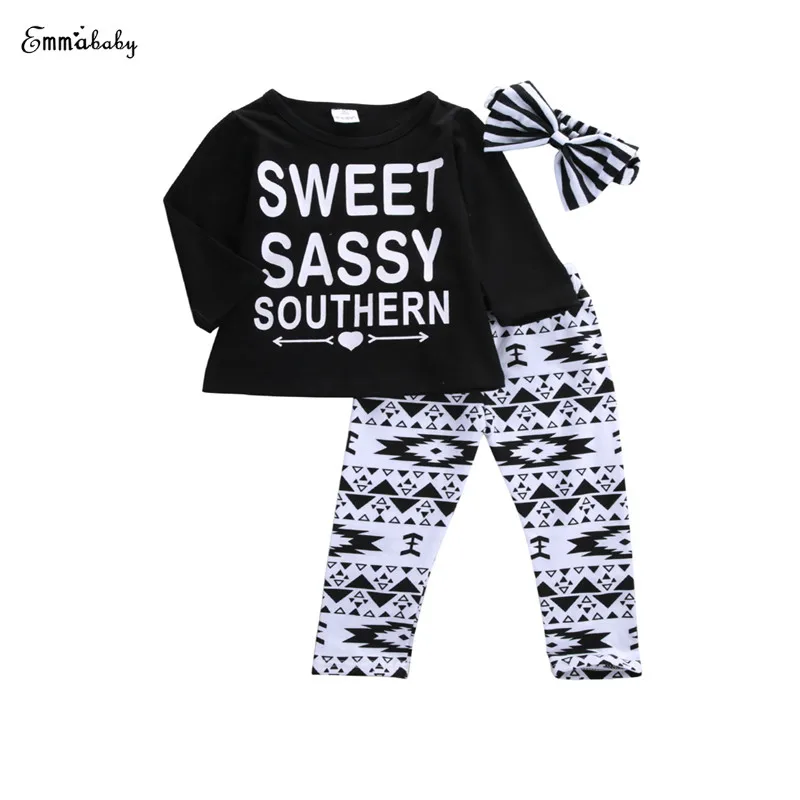 

2017 Newborn Baby Girls Casual Long Sleeve O-Neck Pullover Letter Shirt Tops Print Pant Headband 3PCS Sunsuit Kids Clothing Sets