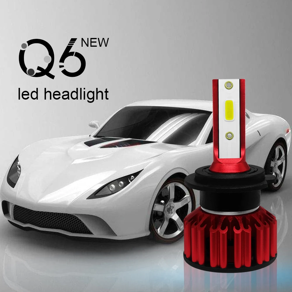 2PCS NEW Q6 Fanless Style Car LED Headlight Bulbs H7 COB 50W White 6000K Light CSP LEDs Auto Headlamp Far and Near Light