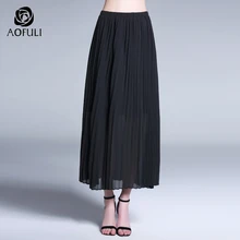 AOFULI L-4XL 5XL большой размер миди-юбка из шифона модный бренд черный эластичный пояс Лето теленок Длина плиссированная юбка A3937