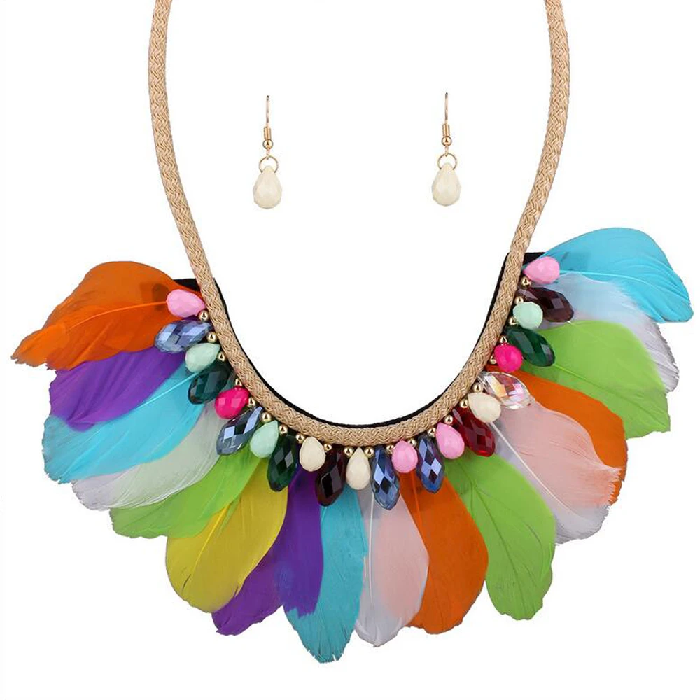 Ethnic Fashion Colorful Feather Jewelry Set Embroidery Cloth Multilayer