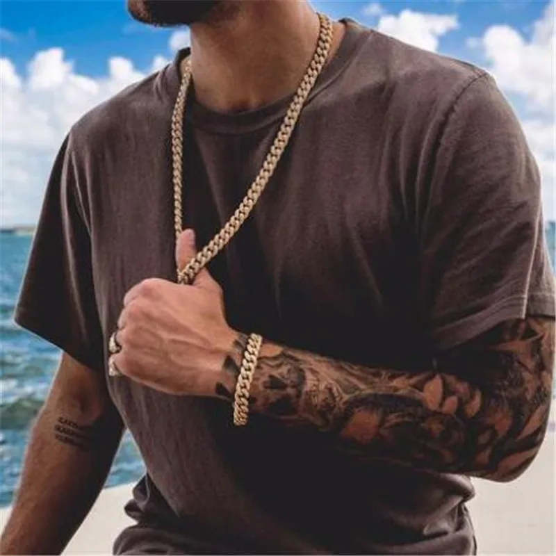 

Hip Hop 13MM Miami Cuban Link Chain Necklace Bracelet Iced Out Gold Silver Crystal Rhinestone Bling for Men Jewelry