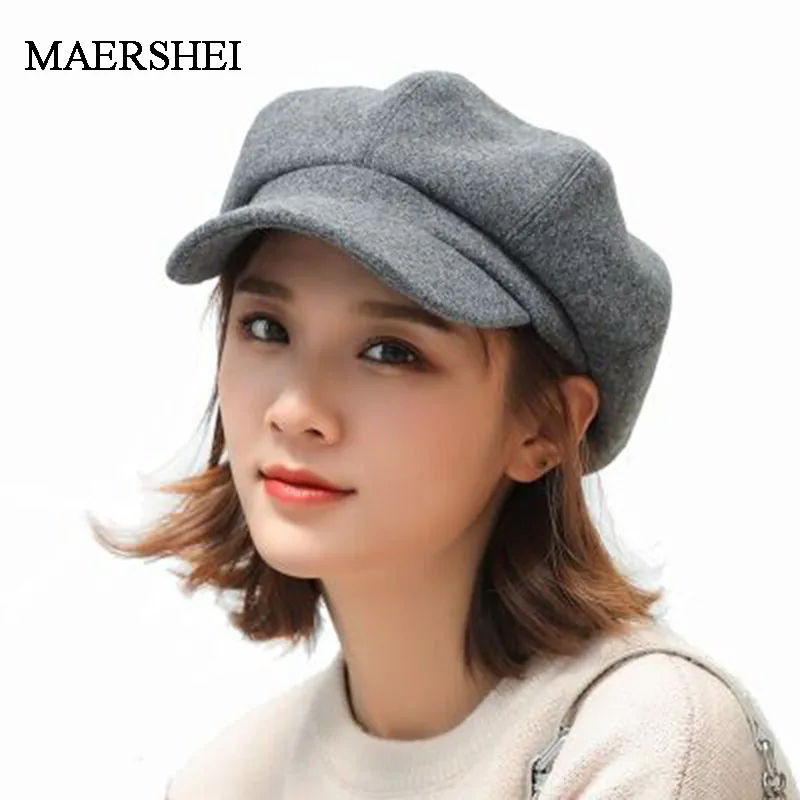 

MAERSHEI wool Women Beret Autumn Winter Octagonal Cap Hats Stylish Artist Painter Newsboy Caps Black Grey Beret Hats