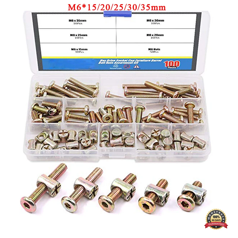 100 шт. оцинкованная M6 с шестигранной головкой Кепки винты, болты и цилиндрические гайки Ассортимент Комплект для мебель кровати кроватки стулья