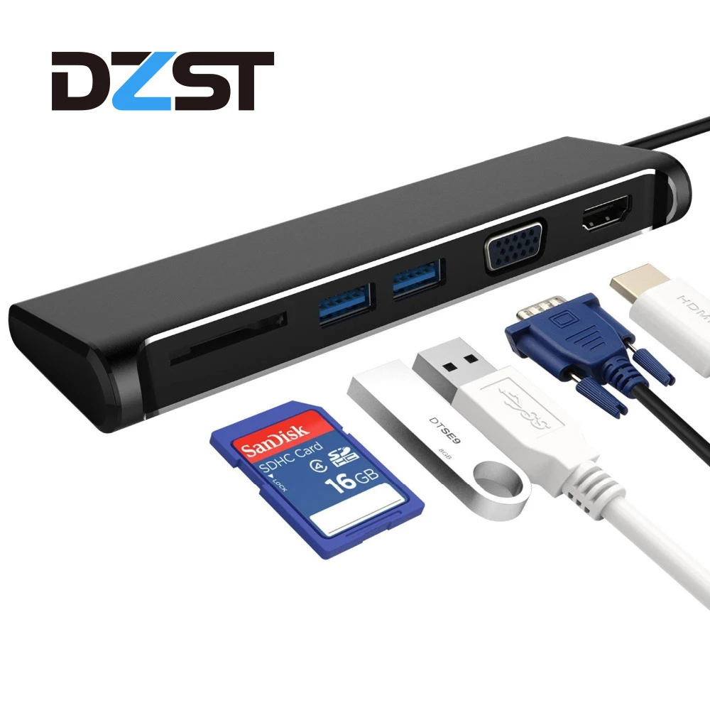 

DZLST USB HUB USB C to HDMI VGA Card Reader USB 3.0 PD Charging Adapter Type C HUB USB 3.0 for MacBook Samsung S8 HUAWEI Mate 10