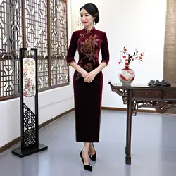 Осень новые бархатные воротник плиты Кнопка Cheongsam красный Подиум Длинные платье для мамы китайское платье Ципао