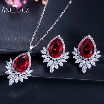 

ANGELCZ Luxury Red Zirconia With Marquise CZ Bridesmaid Jewelry Fashion Silver Color Stud Earrings Necklace Sets For Women AJ049