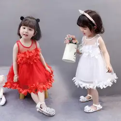 Летнее платье для девочек, милые сетчатые платья принцессы без рукавов с цветочным принтом для маленьких девочек, одежда для детей