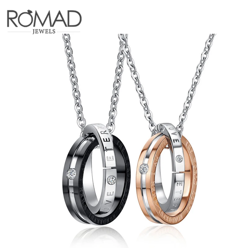 

ROXI Mens Stainless Steel Chain Love Necklaces for Couples Ladies Fashion Paired Double Circles Ring Pendant collares mujer 2017