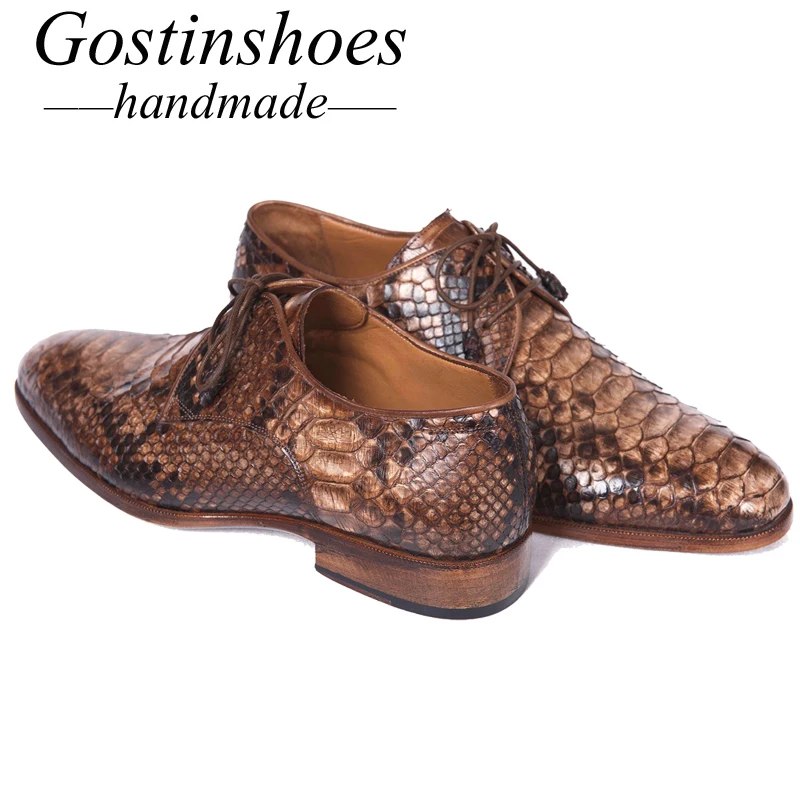 GOSTINSHOES HANDMADE Goodyear Welted Men Dress Shoes Oxfords Brown Genuine Snakeskin Pointed Toe Lace-up Formal Shoes Men SCF21 GOSTINSHOES HANDMADE Goodyear Welted Men Dress Shoes Oxfords Brown Genuine Snakeskin Pointed Toe Lace-up Formal Shoes Men SCF21