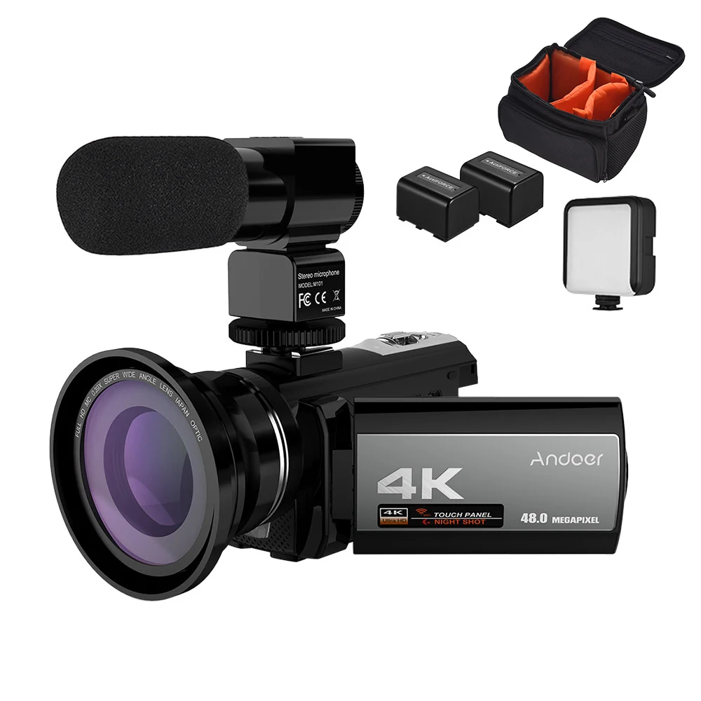 Andoer 4K 48MP WiFi цифровая видеокамера+ внешний микрофон+ 0.39x широкоугольный объектив+ мини светодиодный свет+ 2 шт. батарея+ сумка для камеры