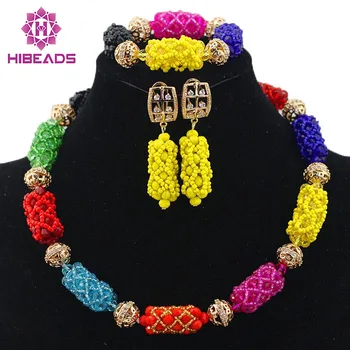 

2017 Amazing Multicolor Crystal Choker Necklace Set for Lady African Beaded Jewelry Set Handmade Large stock Free Shipping HX616