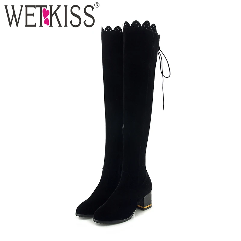 

WETKISS High Heels Women Boots Round Toe Cross Tied Thick Plush Footwear Over The Knee Female Boot Zip Shoes Woman 2018 Winter