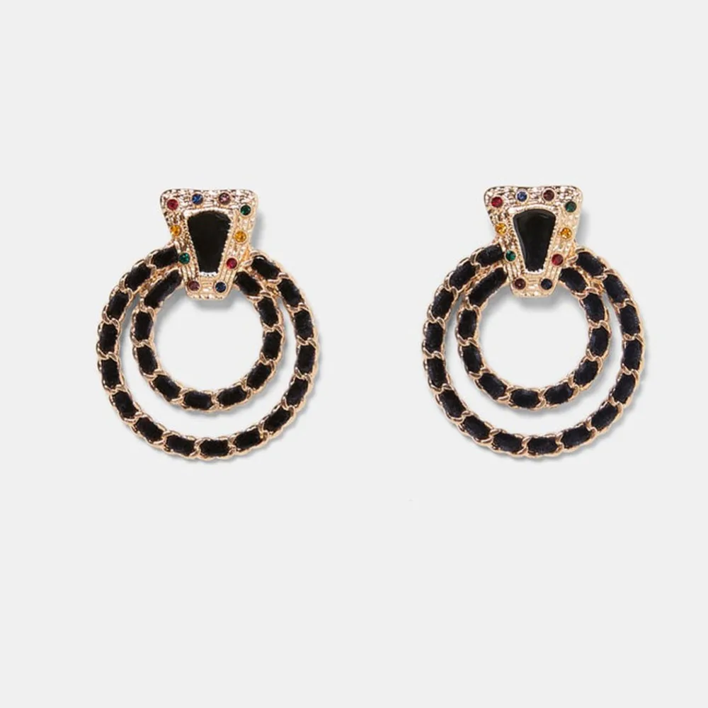 

Bestessy Maxi Black Rose Dangle Drop Earrings For Women Crystal Circle Statement Earrings Bridal Metal Pendientes Party Jewelry