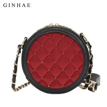 

Sequin Round Shoulder Bag Velour Leather Patchwork Cossbody Messenger Bags For Women Chain Clutch Bag Diamond Lattice Sac A Main
