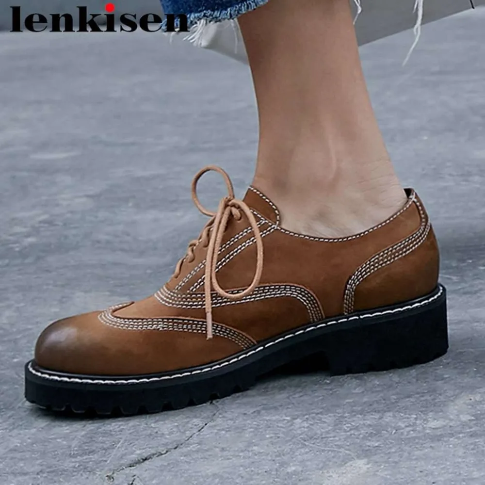 

2019 high quality retro British school chunky med heels lace up new fashion sewing platform genuine leather shallow pumps L03