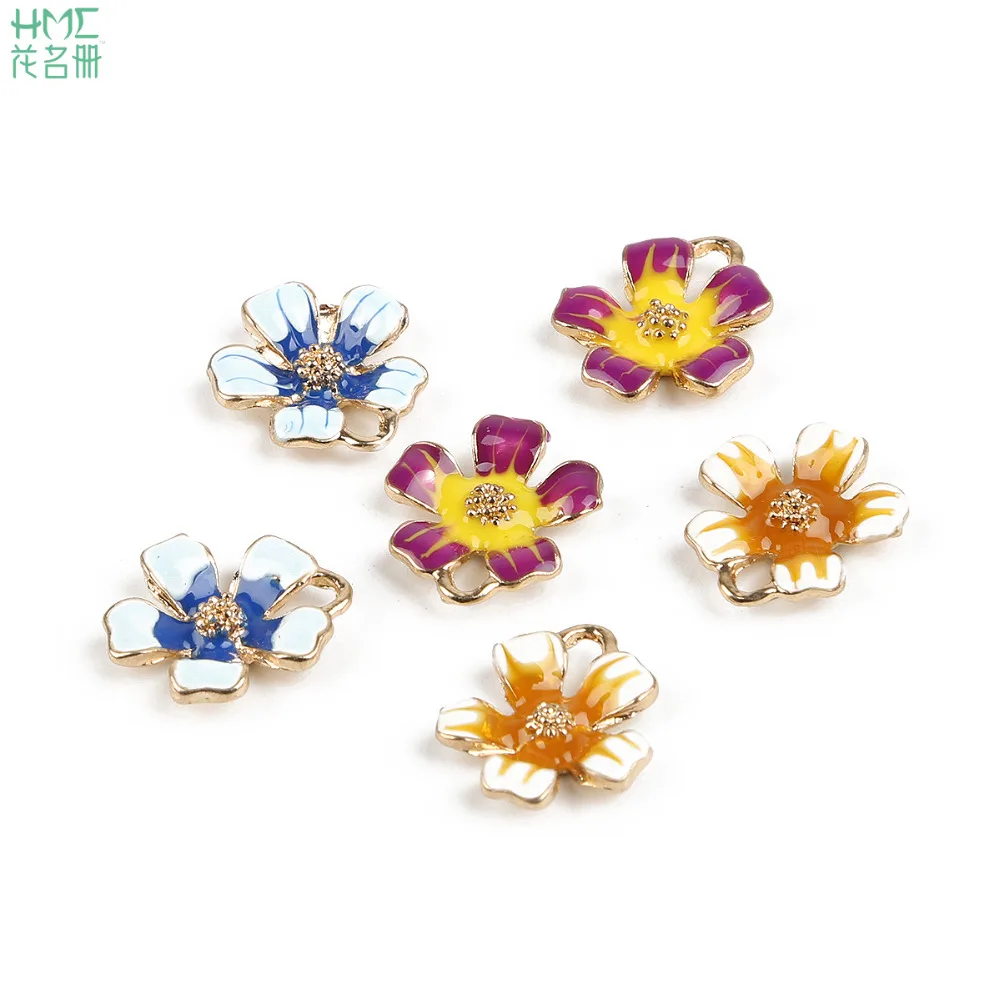 

High Quality Gold Color Plated Drip Oil Alloy 15mm Enamel Flower Metal Charms For Earring Necklace Fashion Jewelry Finding