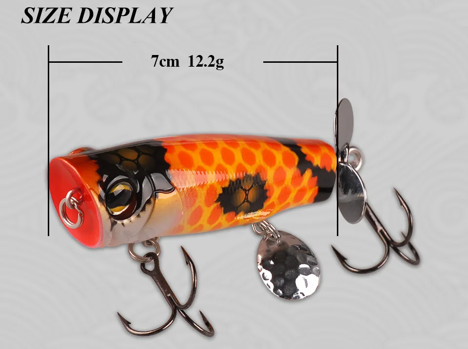 TAF Quality Popper Fishing Lure 7cm 12.2g 6 Colors Artificial Hard Bait with Sequin Wobblers VMC Treble HooksABS Plastic Lure