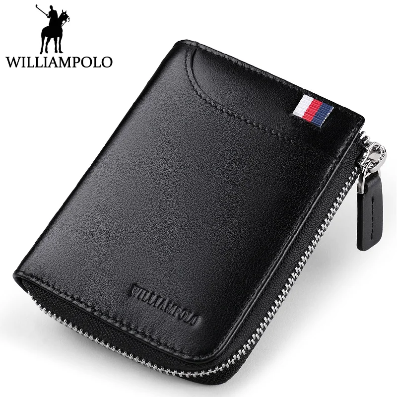 

WILLIAMPOLO Men Organizer Wallet 100% Genuine Leather Short Coin Pocket Wallet European and American Style Striped Logo Purse