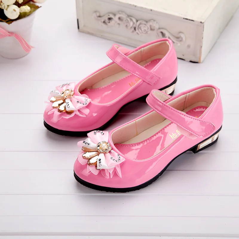 New Childrens Leather shoes  Low heeled bows Rhinestone Princess Shoes Student dancing shoes Wedding Party Girls Shoes Pink Red youlapan luxury wedding crown rhinestone bridal headband bride tiara pageant wedding hair accessories party headwear hp431