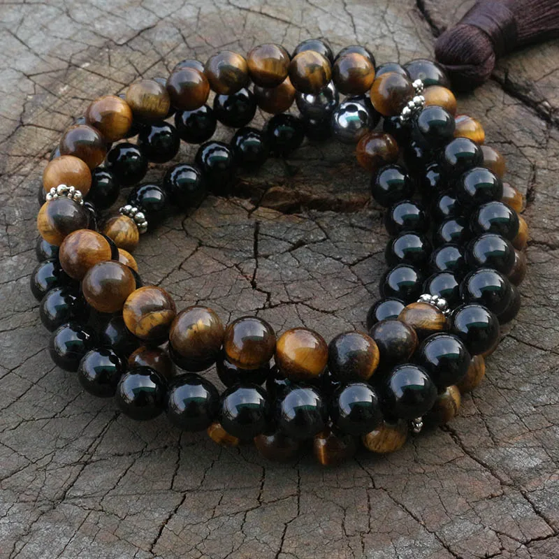 8mm Tigers Eye, Hematite, JapaMala Necklace, Namaste Yoga Jewelry, Chakra Stones Mala, Buddhist Mala Prayer Bead, 108 Mala Beads