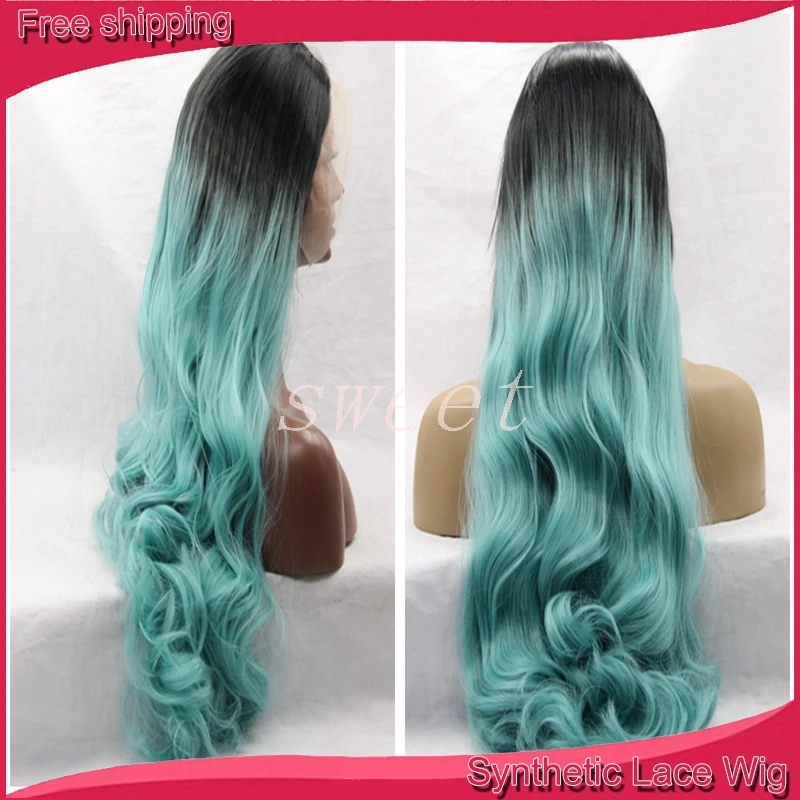 kylie jenner Ombre Wigs Blue wavy Synthetic Lace Front Wig Glueless Two Tone Natural Black/Blue Heat Resistant Hair Wowen |